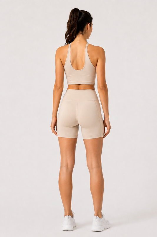 Women's High-Waisted Biker Shorts with Pockets – Sand Beige | Squat-Proof