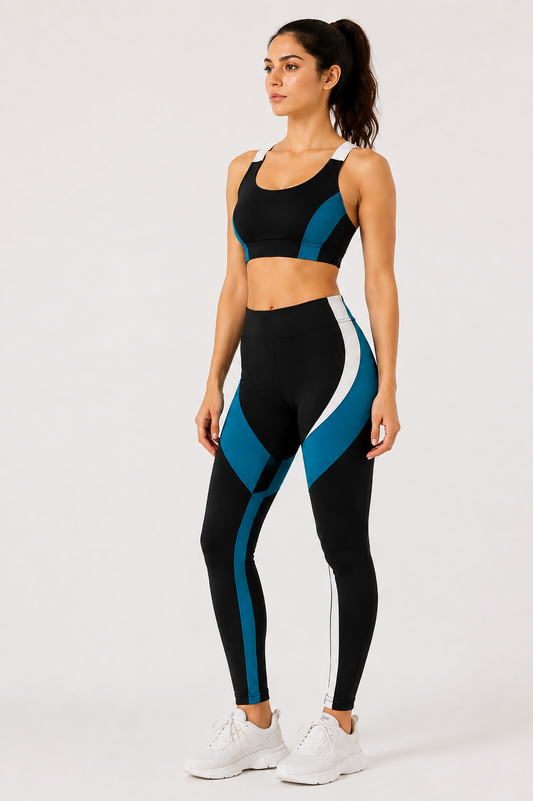 Women's High-Waisted Colorblock Leggings – Black, Teal & White | Squat-Proof