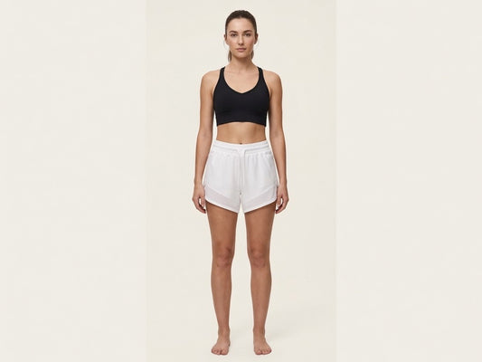 Women's Activewear Set – Black V-Neck Bra & White Mesh Running Shorts