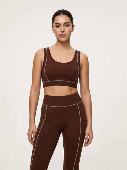 Women's Contrast Stitch Sports Bra – Espresso Brown | Scoop Neck Medium Support