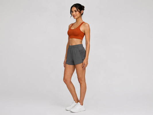 Women's Activewear Set – Rust Ribbed Bra & Charcoal Running Shorts