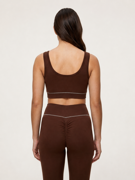 Women's Matching Activewear Set – Contrast Stitch Bra & Leggings | Espresso Brown