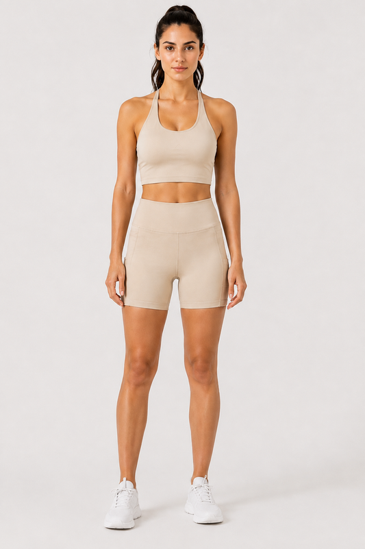 Women's Halter Racerback Sports Bra – Sand Beige | Light Support