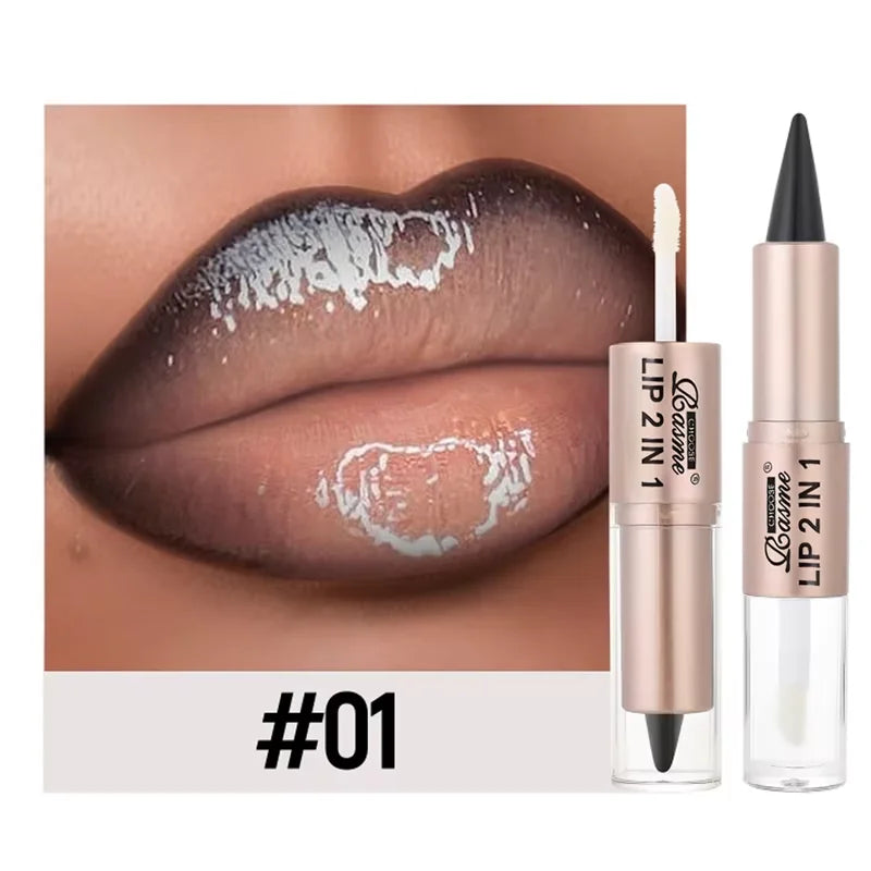2-in-1 Lipstick &amp; Lip Gloss, Dual-End Design, Waterproof Long-Lasting Lip Liner, Moisturizing Glossy Finish for Plump Lips