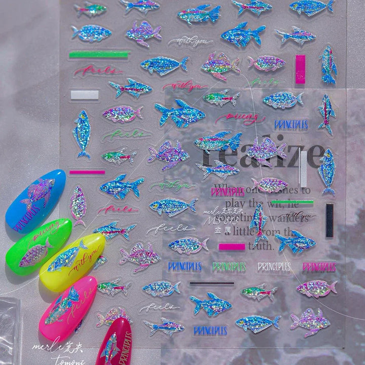 5D Deep Sea Fish Nail Art Stickers Shimmery Bubble Colorful Marine Life Nail Decals Summer Ocean Self Adhesive Manicure Decal