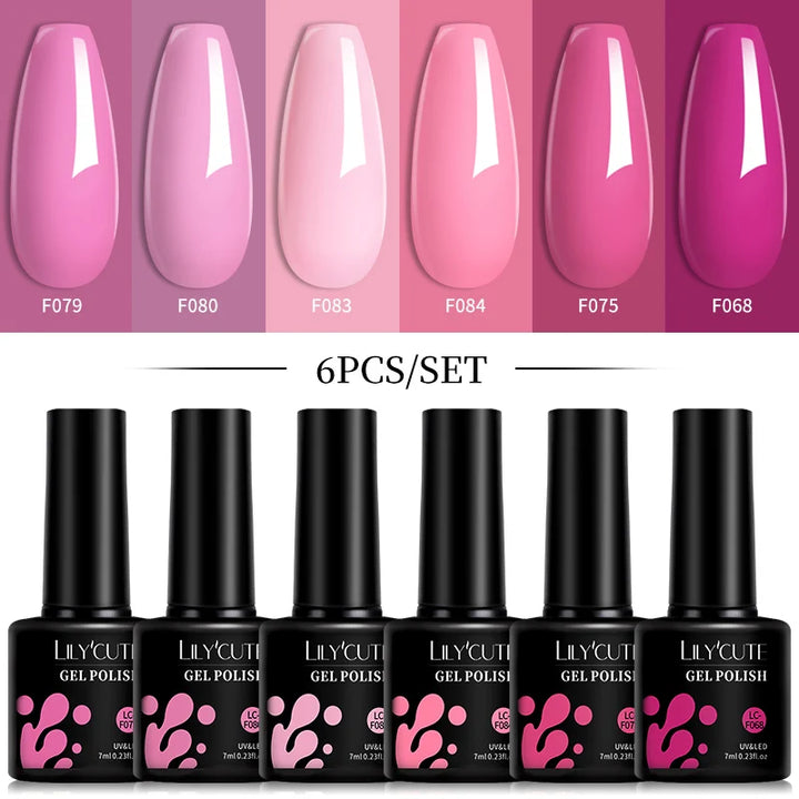 LILYCUTE 6Pcs 7ML Gel DIY Nails Polish Set Bright Pink Nail Charms Soak Off UV LED Gel Varnish Nail Art Design Accessories