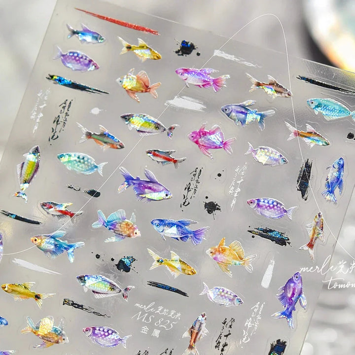 5D Deep Sea Fish Nail Art Stickers Shimmery Bubble Colorful Marine Life Nail Decals Summer Ocean Self Adhesive Manicure Decal