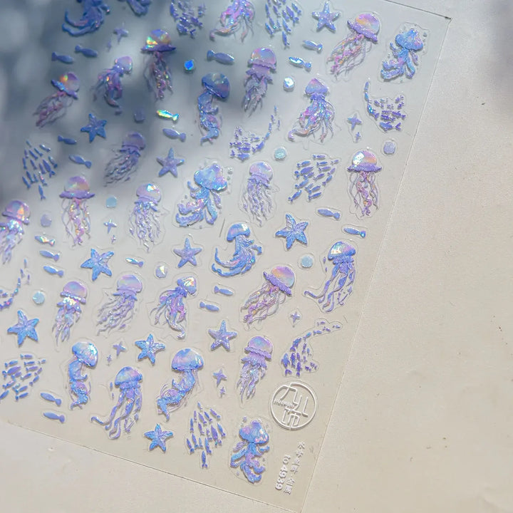5D Deep Sea Fish Nail Art Stickers Shimmery Bubble Colorful Marine Life Nail Decals Summer Ocean Self Adhesive Manicure Decal