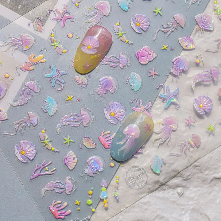 5D Deep Sea Fish Nail Art Stickers Shimmery Bubble Colorful Marine Life Nail Decals Summer Ocean Self Adhesive Manicure Decal