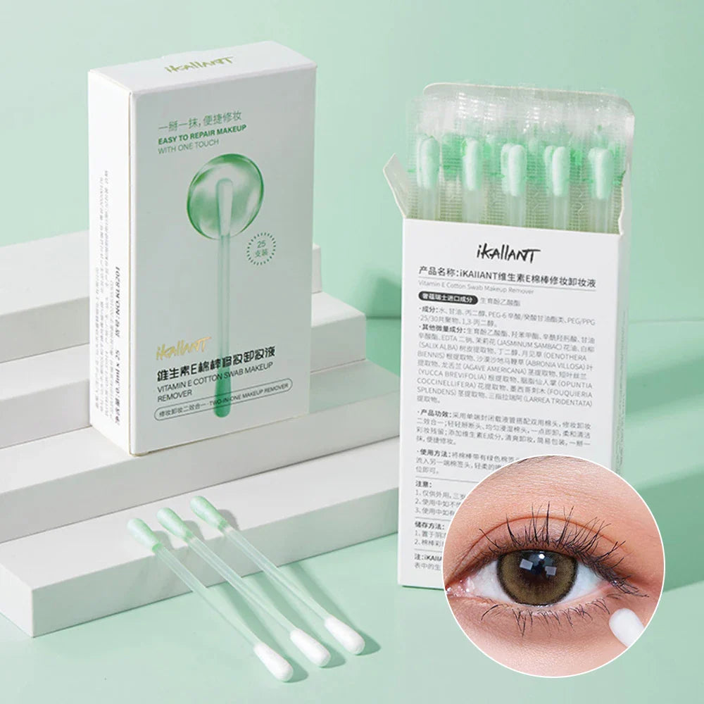 ikAllANT Makeup Remover Cotton Swabs - 25 pieces-Pre-soaked with Cleansing Liquid, Foldable for Instant Use, Beauty Cleaning,