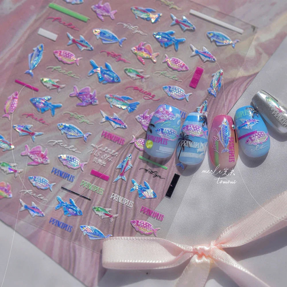 5D Deep Sea Fish Nail Art Stickers Shimmery Bubble Colorful Marine Life Nail Decals Summer Ocean Self Adhesive Manicure Decal