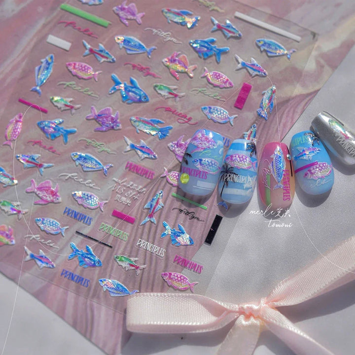 5D Deep Sea Fish Nail Art Stickers Shimmery Bubble Colorful Marine Life Nail Decals Summer Ocean Self Adhesive Manicure Decal
