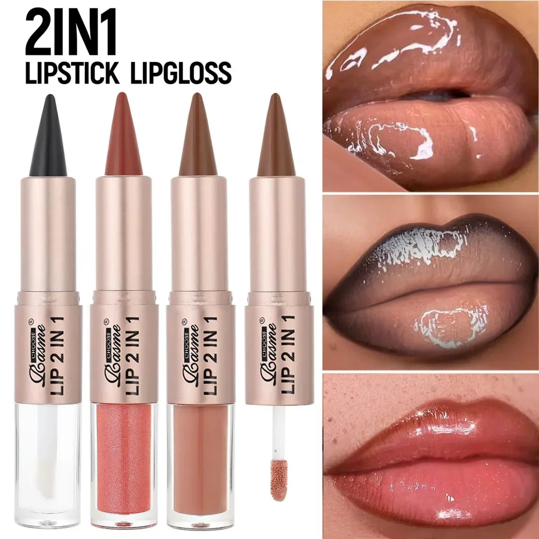 2-in-1 Lipstick &amp; Lip Gloss, Dual-End Design, Waterproof Long-Lasting Lip Liner, Moisturizing Glossy Finish for Plump Lips