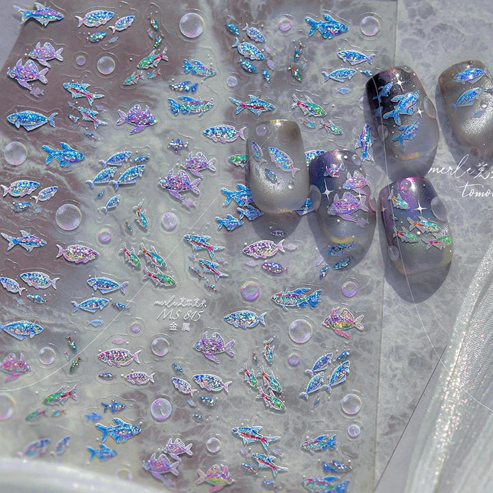 5D Deep Sea Fish Nail Art Stickers Shimmery Bubble Colorful Marine Life Nail Decals Summer Ocean Self Adhesive Manicure Decal
