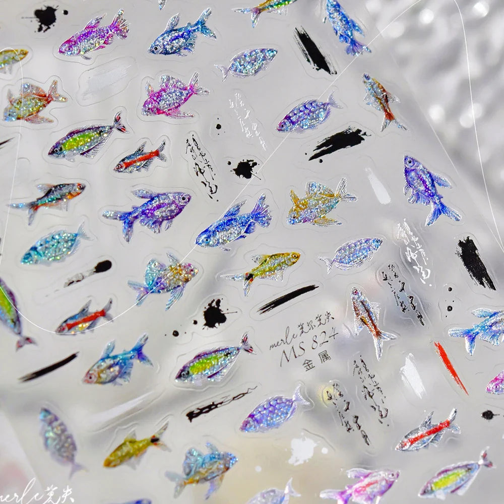 5D Metal Fish Nail Art Stickers Tiny Ocean Shoal of Fish Foil Waves Summer Beach Self Adhesive Decoration Manicure Decal DIY