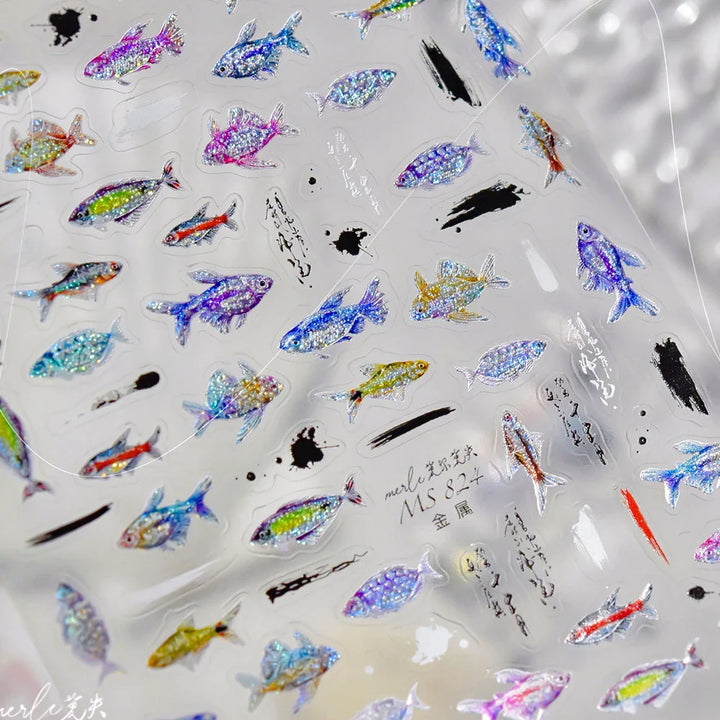 5D Metal Fish Nail Art Stickers Tiny Ocean Shoal of Fish Foil Waves Summer Beach Self Adhesive Decoration Manicure Decal DIY
