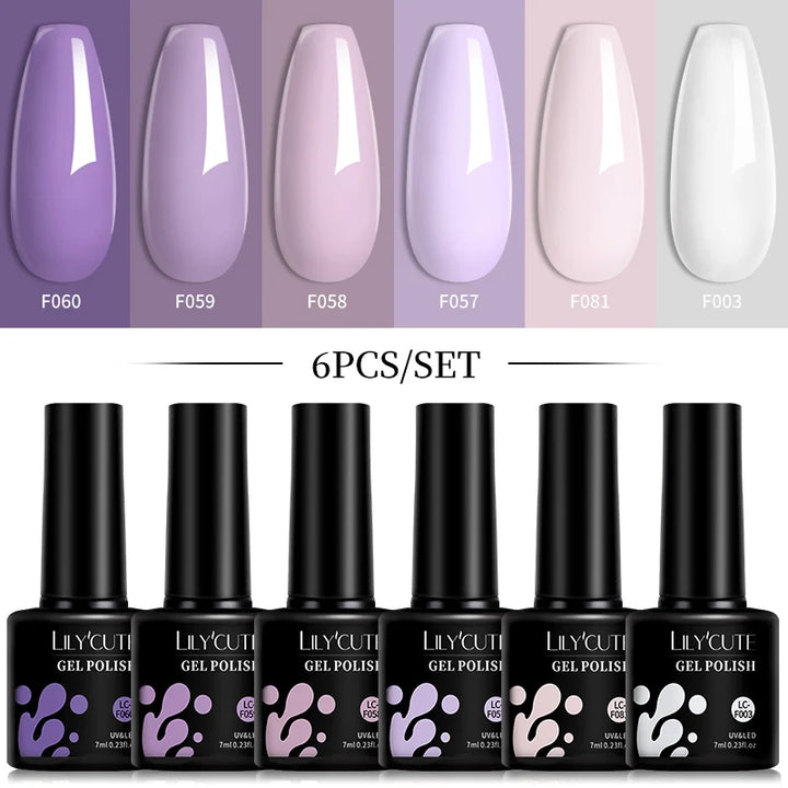 LILYCUTE 6Pcs 7ML Gel DIY Nails Polish Set Bright Pink Nail Charms Soak Off UV LED Gel Varnish Nail Art Design Accessories