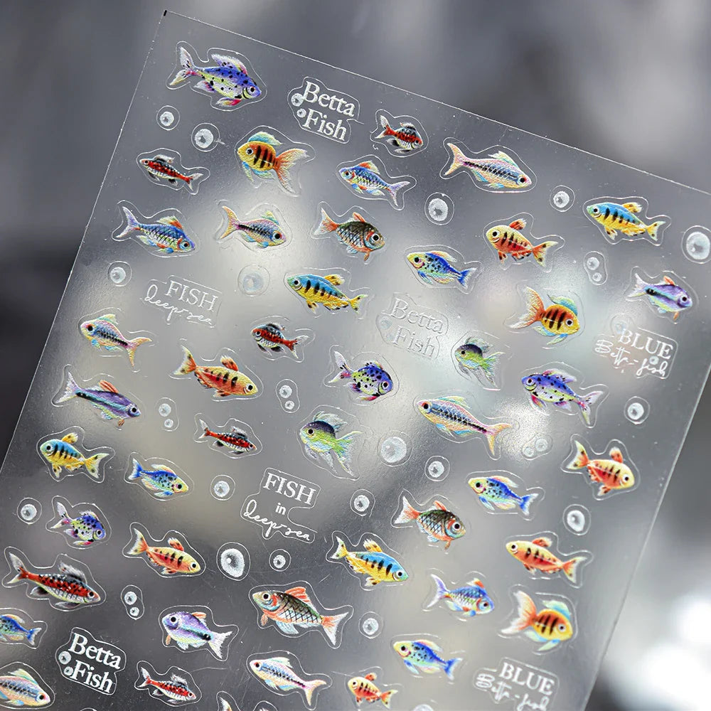 5D Deep Sea Fish Nail Art Stickers Shimmery Bubble Colorful Marine Life Nail Decals Summer Ocean Self Adhesive Manicure Decal