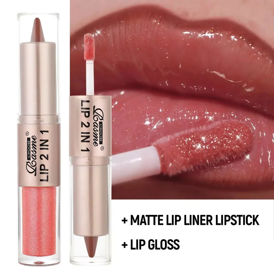 2-in-1 Lipstick &amp; Lip Gloss, Dual-End Design, Waterproof Long-Lasting Lip Liner, Moisturizing Glossy Finish for Plump Lips
