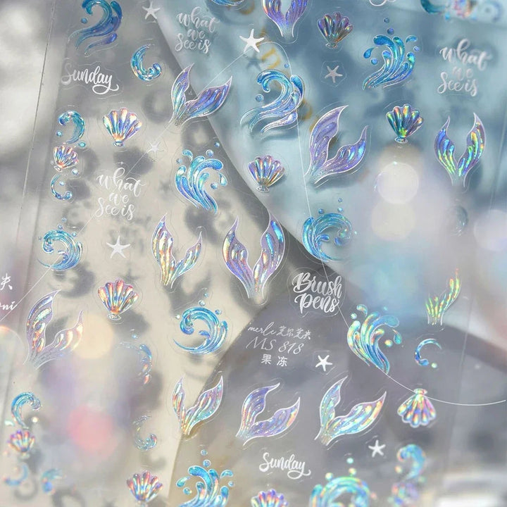 5D Deep Sea Fish Nail Art Stickers Shimmery Bubble Colorful Marine Life Nail Decals Summer Ocean Self Adhesive Manicure Decal