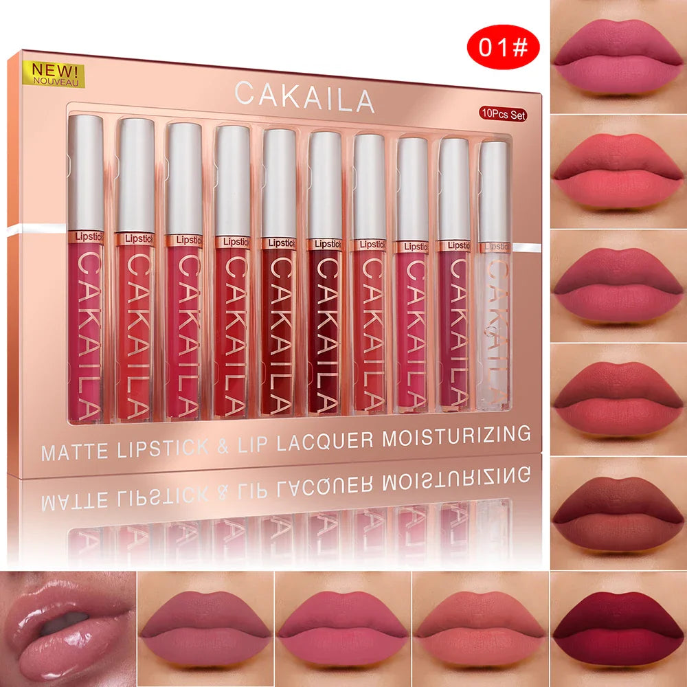 Matte Liquid Lipstick Lip Oil 10pc/set, Waterproof Velvet Lip Gloss Long Lasting Non-transfer Nude Red Pink Daily &amp;Party Makeup