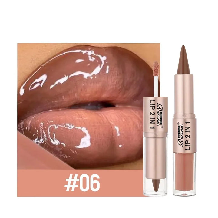 2-in-1 Lipstick &amp; Lip Gloss, Dual-End Design, Waterproof Long-Lasting Lip Liner, Moisturizing Glossy Finish for Plump Lips
