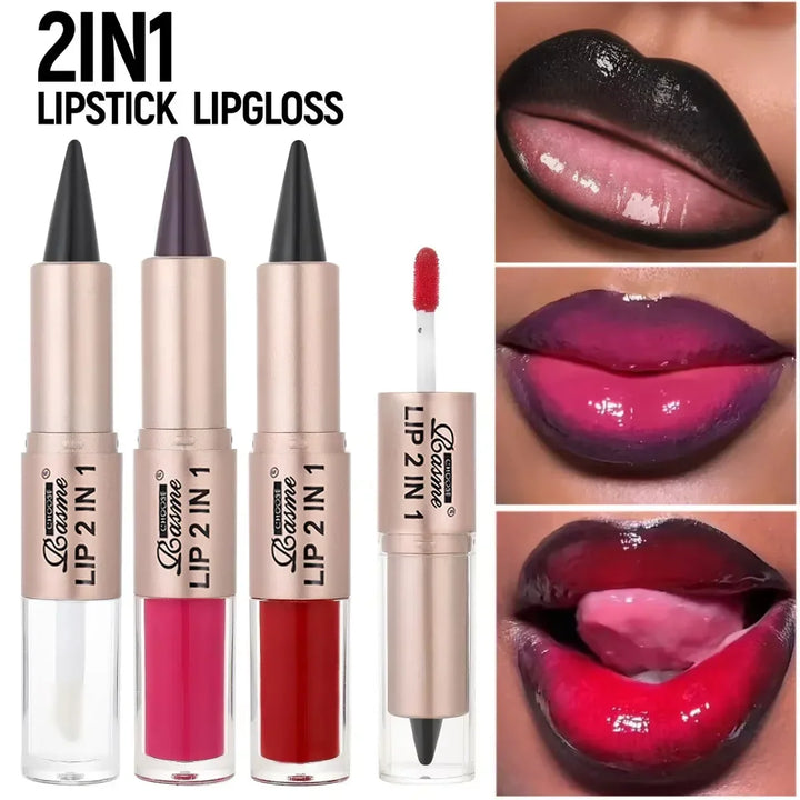 2-in-1 Lipstick &amp; Lip Gloss, Dual-End Design, Waterproof Long-Lasting Lip Liner, Moisturizing Glossy Finish for Plump Lips