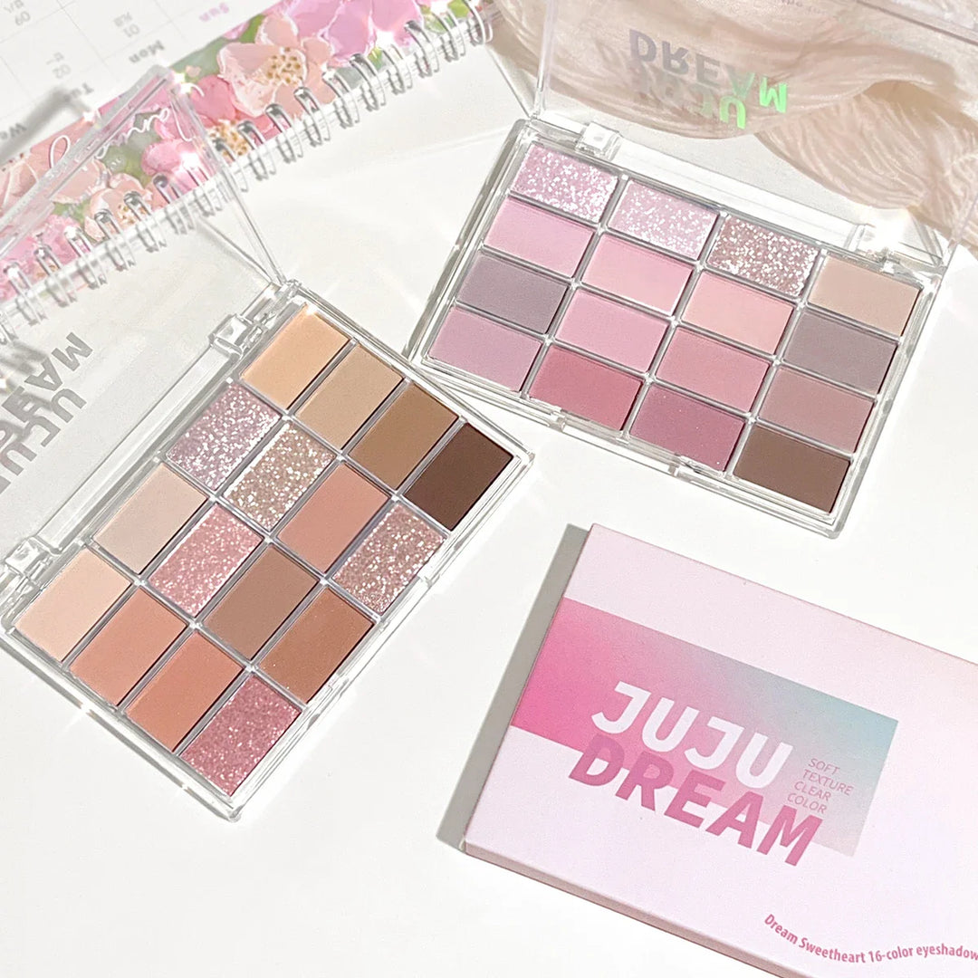 JUJU DREAM 16-Color Earth Tone Eyeshadow Matte &amp; Shimmer Palette, Lying Silkworm Brightener for Soft Daily Makeup