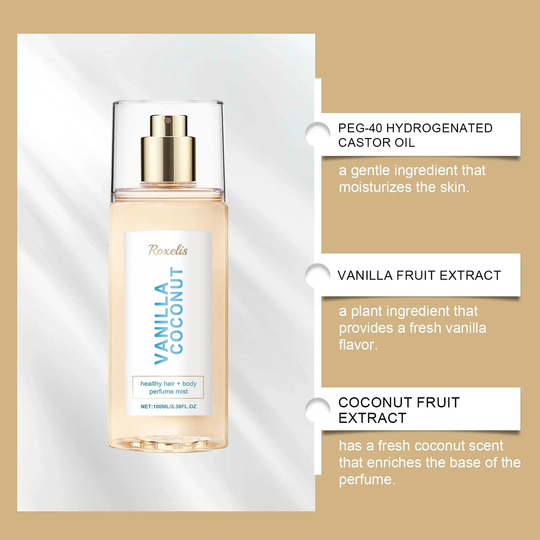 Vanilla Coconut Body Hair Mist - Long Lasting Fresh Romantic Fragrance, Travel Size Portable Spray Women Men Daily &amp; Dating Use