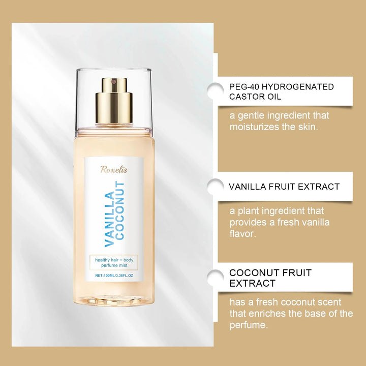 Vanilla Coconut Body Hair Mist - Long Lasting Fresh Romantic Fragrance, Travel Size Portable Spray Women Men Daily &amp; Dating Use