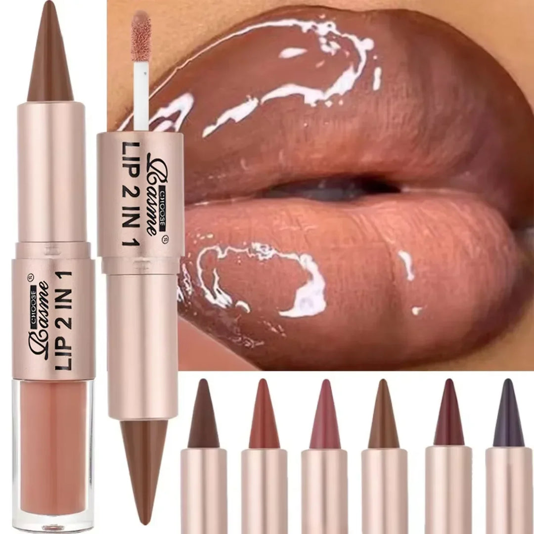 2-in-1 Lipstick &amp; Lip Gloss, Dual-End Design, Waterproof Long-Lasting Lip Liner, Moisturizing Glossy Finish for Plump Lips