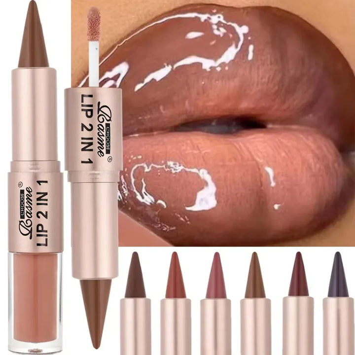 2-in-1 Lipstick &amp; Lip Gloss, Dual-End Design, Waterproof Long-Lasting Lip Liner, Moisturizing Glossy Finish for Plump Lips