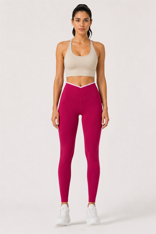 Women's Activewear Set – Halter Bra & Crossover Leggings | Beige & Berry Magenta