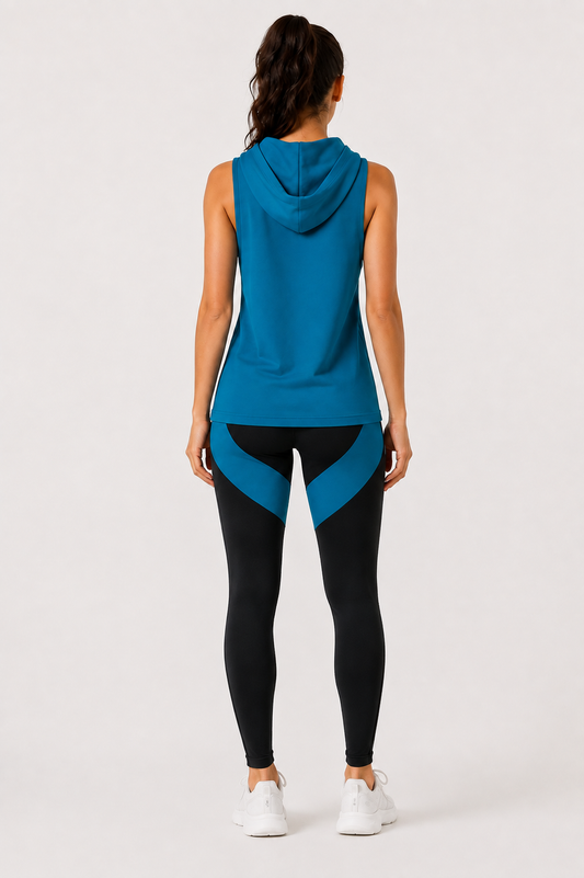Women's Activewear Set – Sleeveless Hooded Top & Colorblock Leggings | Teal