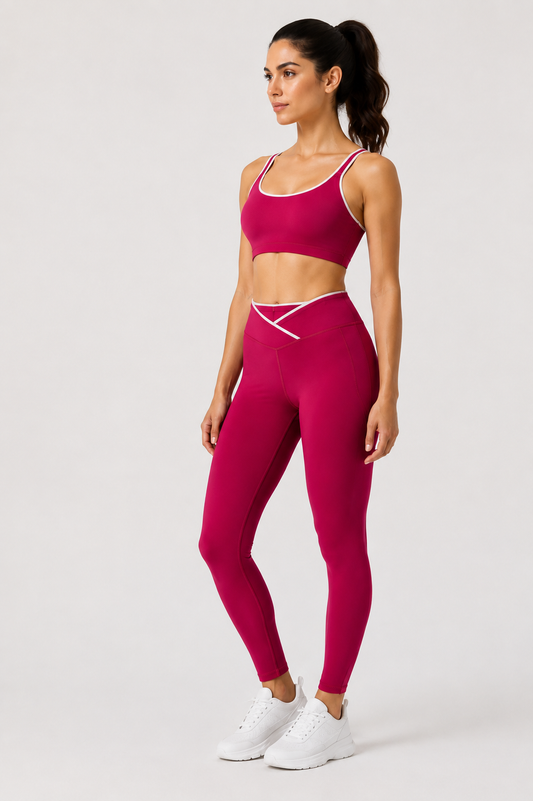 Women's Strappy Sports Bra – Berry Magenta with White Piping | Light Support