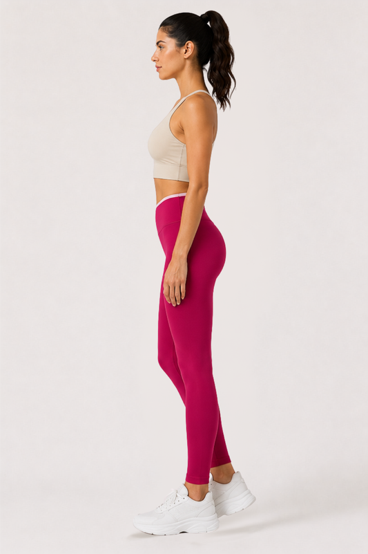 Women's Activewear Set – Halter Bra & Crossover Leggings | Beige & Berry Magenta