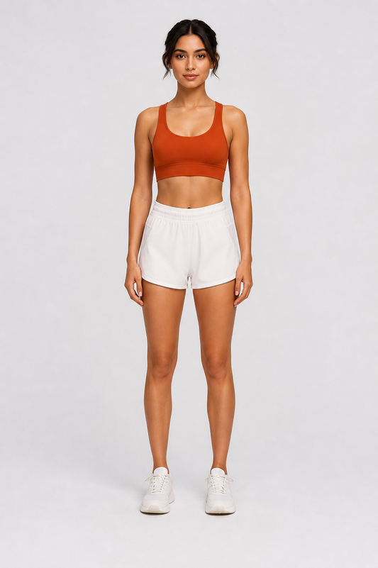 Women's Activewear Set – Rust Ribbed Bra & White Running Shorts