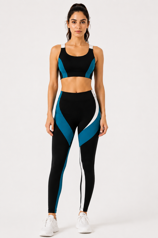 Women's Colorblock Racerback Sports Bra – Black, Teal & White | Medium Support